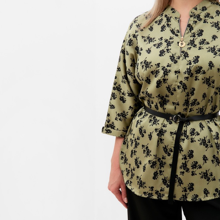 Костюм женский (туника и брюки), цвет хаки/черный, принт цветы, размер 52 54302