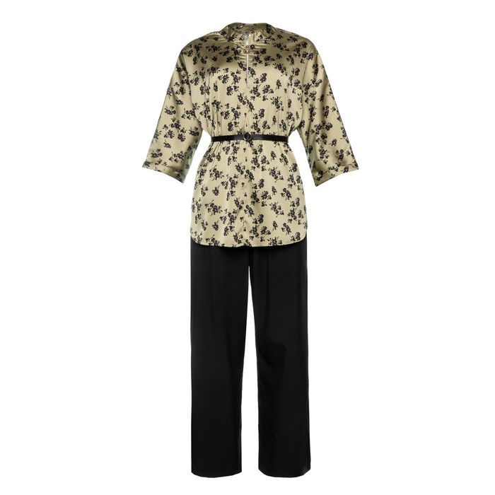 Костюм женский (туника и брюки), цвет хаки/черный, принт цветы, размер 52 54302