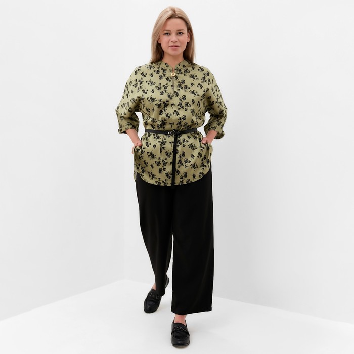 Костюм женский (туника и брюки), цвет хаки/черный, принт цветы, размер 54 54303