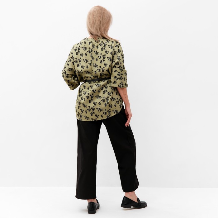 Костюм женский (туника и брюки), цвет хаки/черный, принт цветы, размер 54 54303