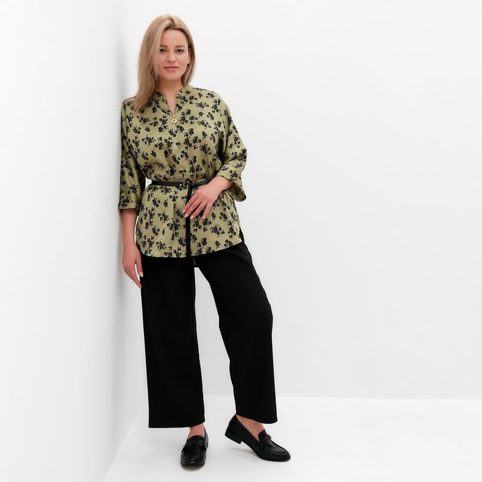Костюм женский (туника и брюки), цвет хаки/черный, принт цветы, размер 56 54304