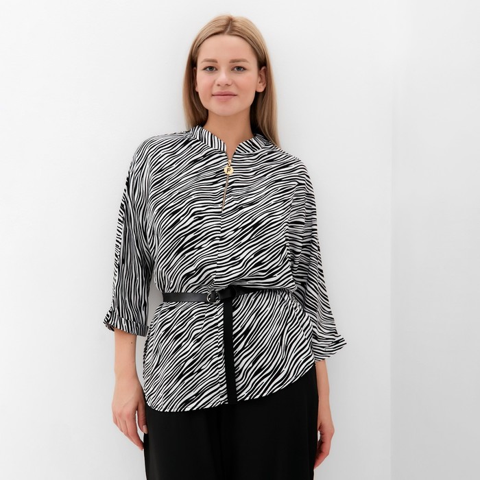 Костюм женский (туника и брюки), цвет чёрно-белый, принт зебра, размер 52 54306