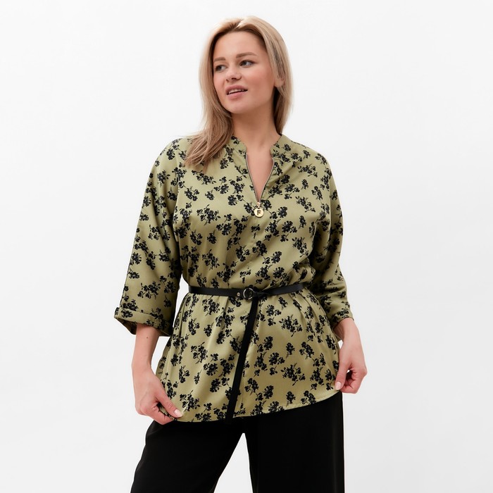 Костюм женский (туника и брюки), цвет хаки/чёрный, принт цветы, размер 50 54310