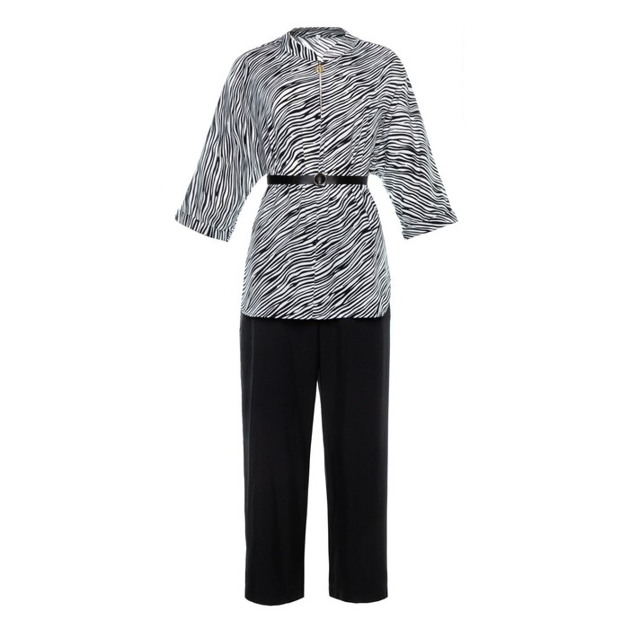 Костюм женский (туника и брюки), цвет чёрно-белый, принт зебра, размер 56 54311