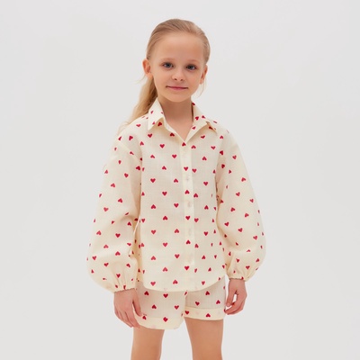 Блузка для девочки с сердечками MINAKU: Cotton Collection, бежевая, рост 128 см
