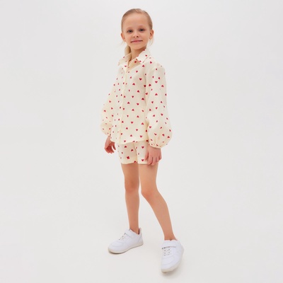 Блузка для девочки с сердечками MINAKU: Cotton Collection, бежевая, рост 128 см