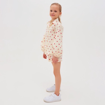 Блузка для девочки с сердечками MINAKU: Cotton Collection, бежевая, рост 128 см