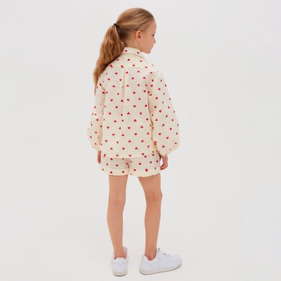 Блузка для девочки с сердечками MINAKU: Cotton Collection, бежевая, рост 128 см
