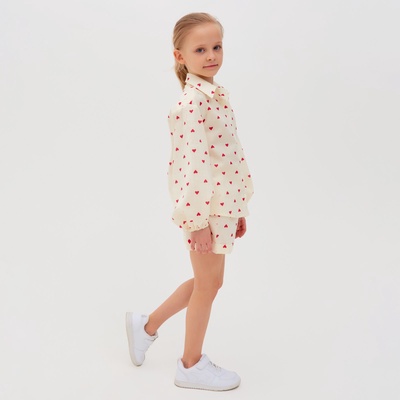 Блузка для девочки с сердечками MINAKU: Cotton Collection, бежевая, рост 128 см