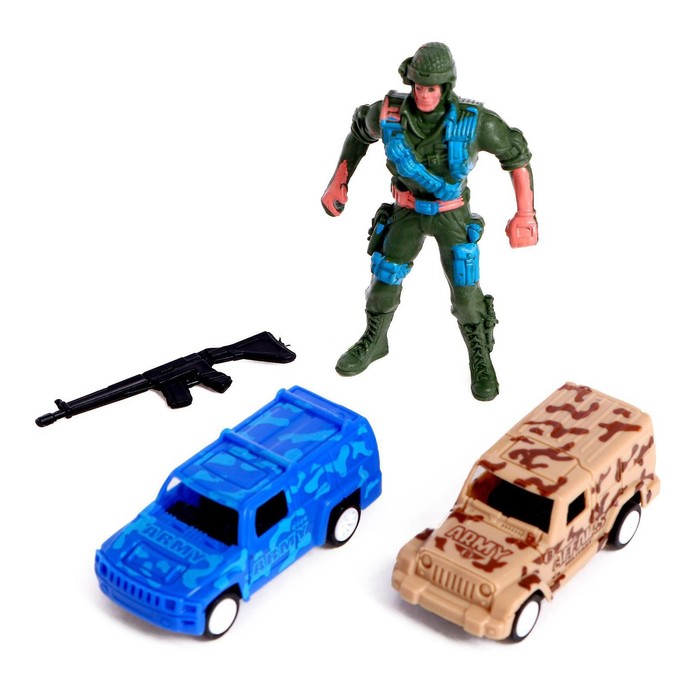 Набор игровой «Армия», 2 машинки и 1 солдат, инерция, МИКС, в пакете - Фото 1