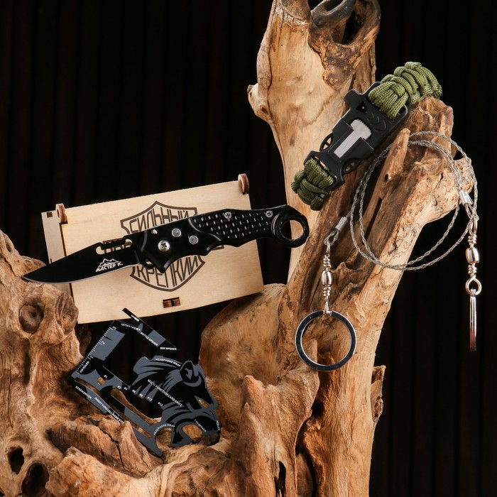 Набор подарочный 4в1 (нож, карта выживания, браслет, пила-струна) 100% Мужик - фото 1877960161