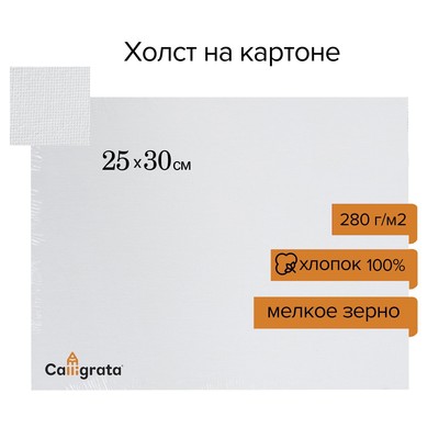 Холст на картоне Calligrata, хлопок 100%, 25 х 30 см, 3 мм, акриловый грунт, мелкое зерно, 280 г/м2