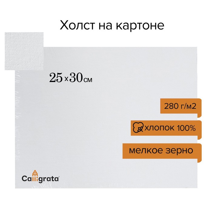 Холст на картоне Calligrata, хлопок 100%, 25 х 30 см, 3 мм, акриловый грунт, мелкое зерно, 280 г/м2 - Фото 1