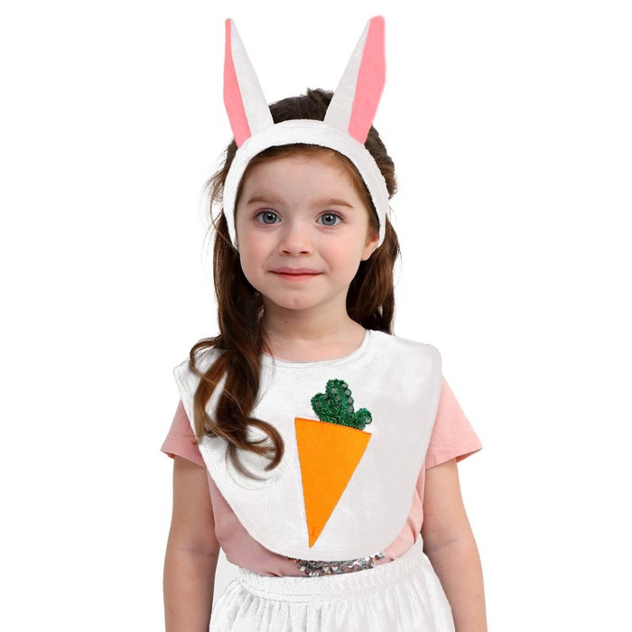 Карнавальный набор «Зайка белый», плюш, манишка с морковкой, хвост, головной убор, рост 98-128 см - фото 10262619