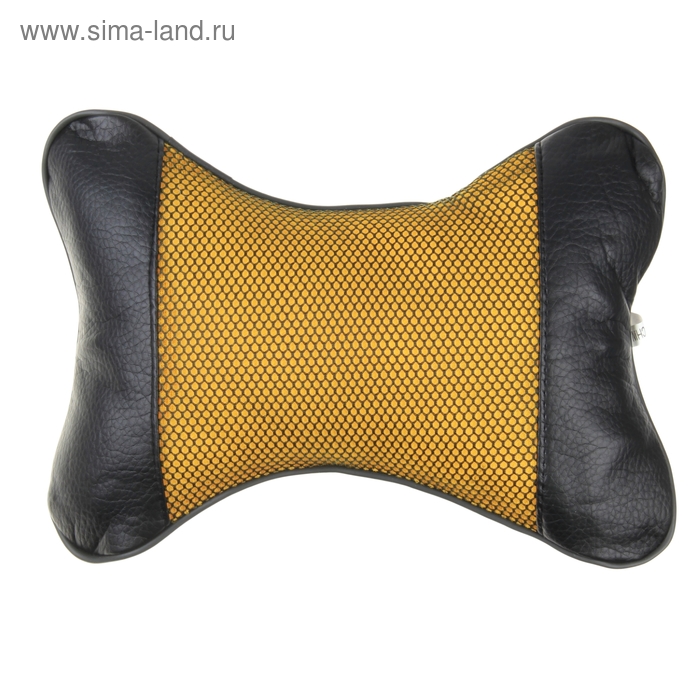 Ортопедическая подушка для шеи на подголовник с резинкой 25*20 см, черная с желтой вставкой, кожзам - Фото 1