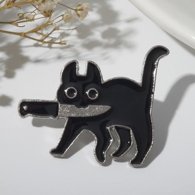 Значок Кот охотник, цвет чёрный в серебре