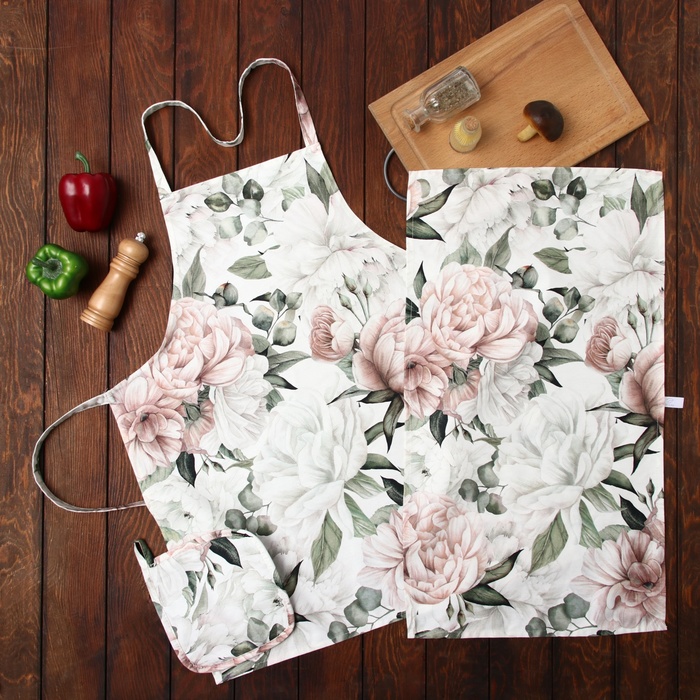 Кухонный набор «Этель. Пионы»: полотенце 40×73 см, прихватка 19×19 см, фартук 60×65±5 см - Фото 1