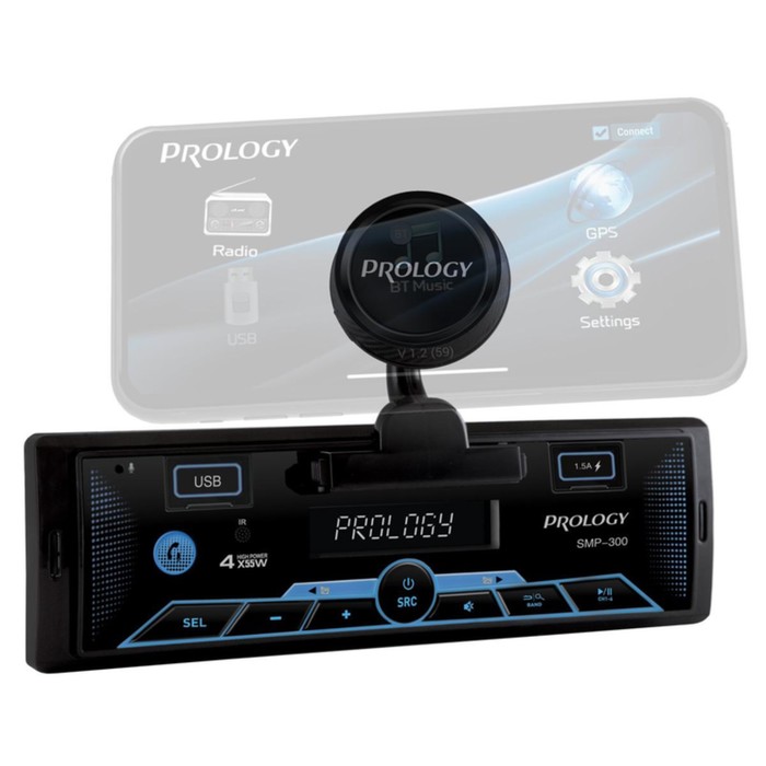 Автомагнитола PROLOGY SMP-300, 1DIN, USB/ FM/ BT, приложение OS Android/ iOS, RCA 4х55 Вт - фото 51321628