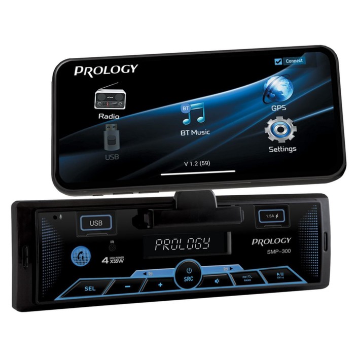 Автомагнитола PROLOGY SMP-300, 1DIN, USB/ FM/ BT, приложение OS Android/ iOS, RCA 4х55 Вт - фото 51321629