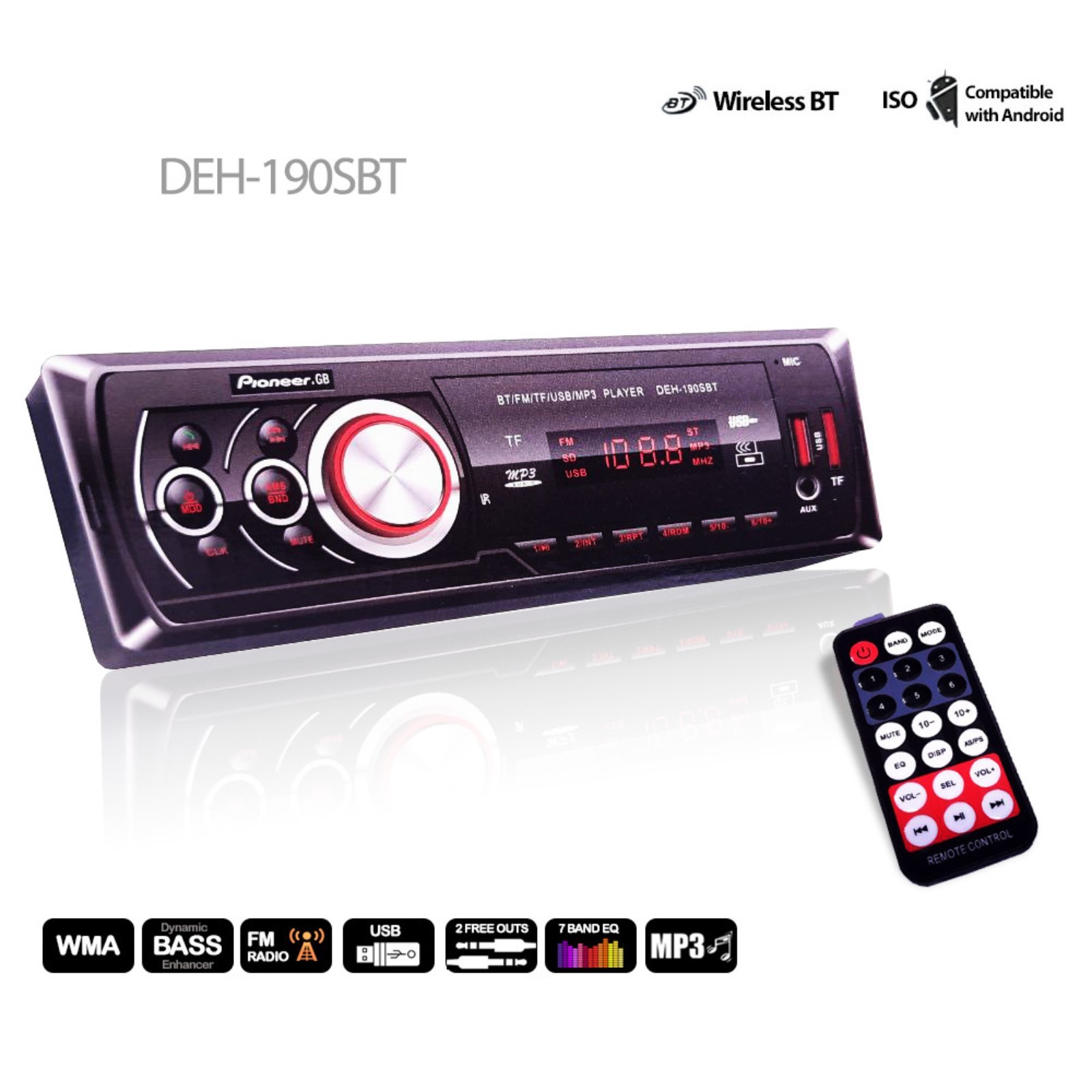 Автомагнитола Pioneer GB DEH-190SBT, 1DIN, USB/ FM/ BT, RCA 4х25 Вт