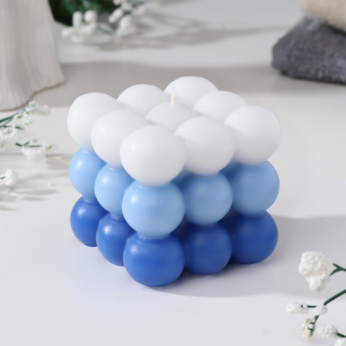 Свеча фигурная ароматическая "Бабл куб", 6 см, бело-синяя, кокос - фото 1882421838