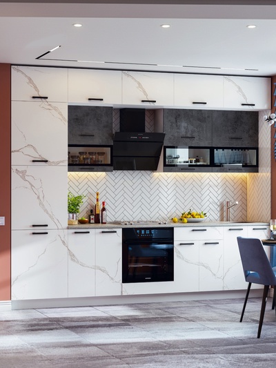 Кухня трёхуровневая в потолок «Техно», 3000 мм, цвет мрамор белый/бетон графит