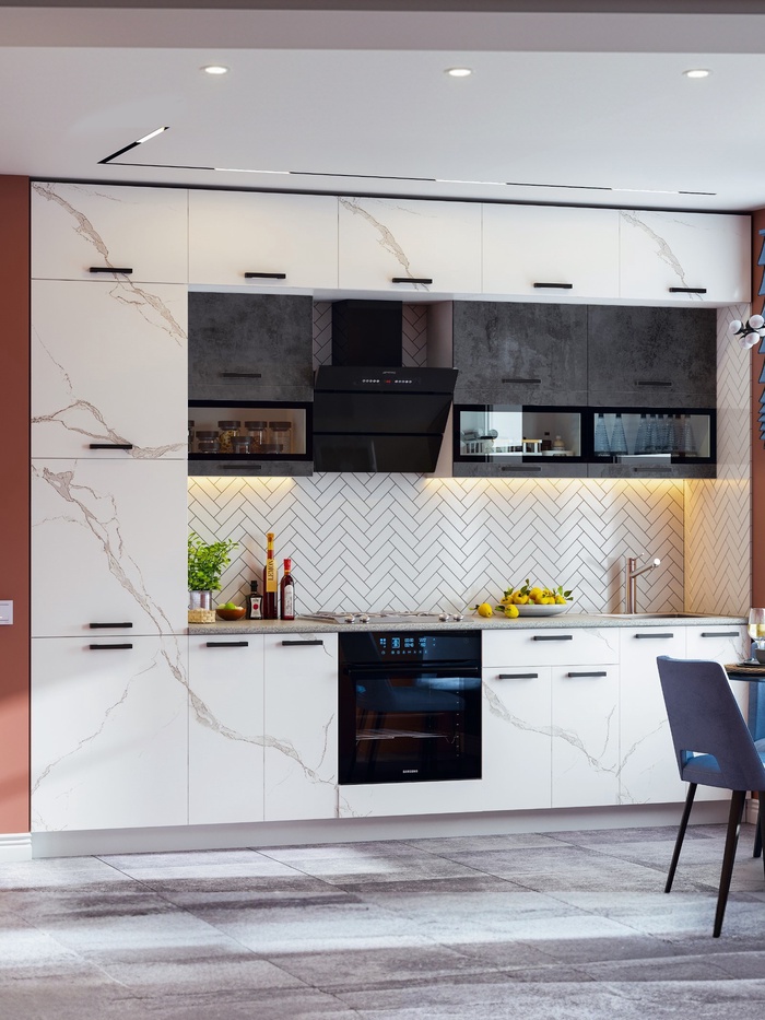 Кухня трёхуровневая в потолок «Техно», 3000 мм, цвет мрамор белый/бетон графит - Фото 1