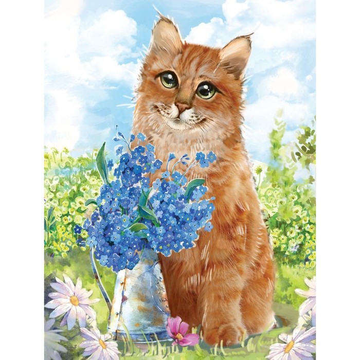 Алмазная мозаика на подрамнике с полным заполнением «Кот с цветами», 30х40см - Фото 1