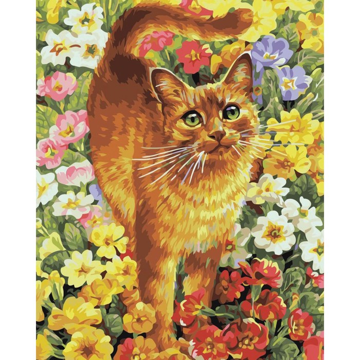 Алмазная мозаика на подрамнике с полным заполнением «Кот в цветах», 40х50см