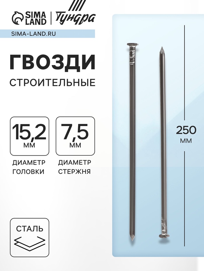 Гвозди ТУНДРА, строительные, ГОСТ 4028-63, без покрытия, 7.5×250 мм, 5 кг - Фото 1