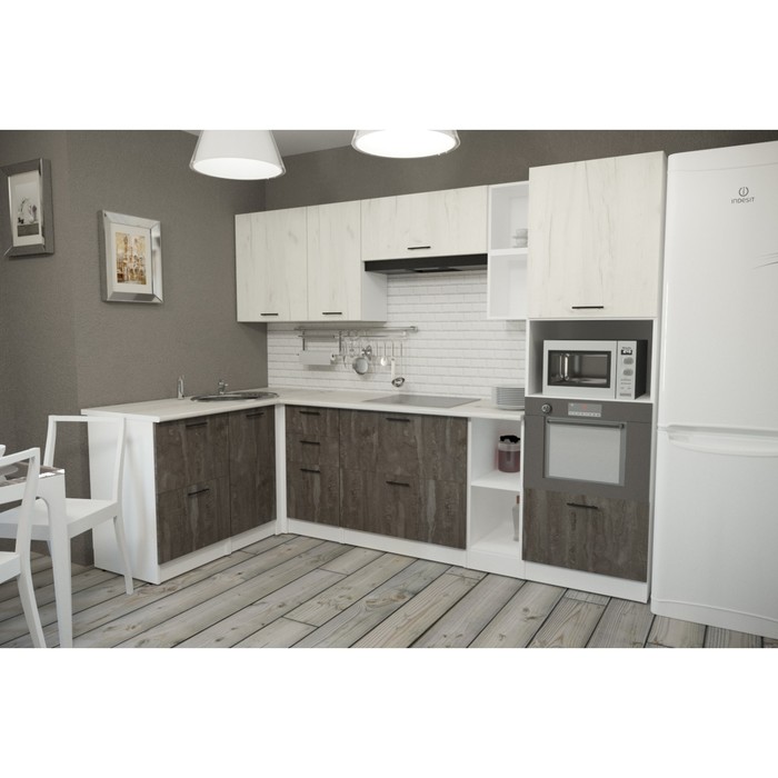 Кухонный угловой гарнитур Сиена мега прайм 2700х1500 Белый/Сосна/Дуб грей, бетон темный - Фото 1