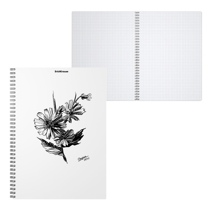 Тетрадь А5, 80 листов в клетку на гребне ErichKrause Blossom "Black and White", пластиковая обложка, тиснение "песок", блок офсет, белизна 100% - Фото 1