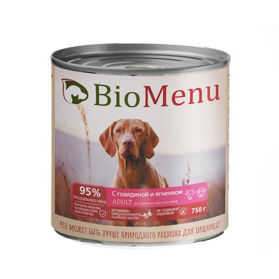 Влажный корм BioMenu тушеная говядина и ягненок для собак, 750 г