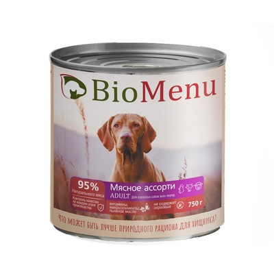 Влажный корм BioMenu тушеное мясное ассорти для собак, 750 г