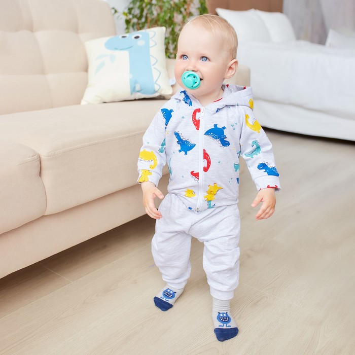 Костюм для мальчика (худи, брюки) «Крошка Я» Dino, рост 68-74 см, серый - Фото 1