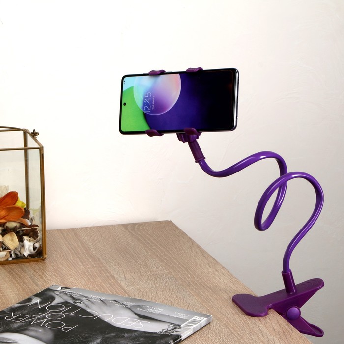 УЦЕНКА Держатель-прищепка, гибкий, регулируемый, для смартфона 3-7", 80 см, ширина держателя 12 см, фиолетовый - Фото 1