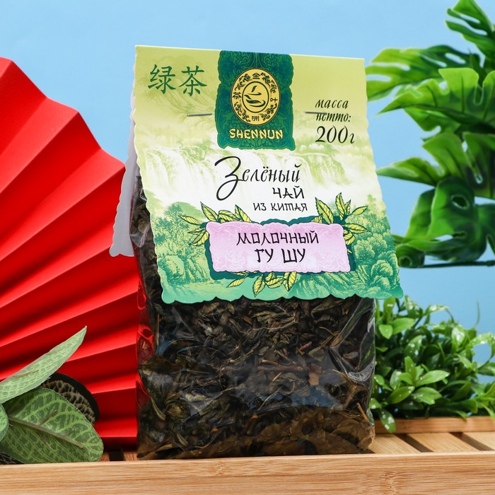 Зеленый китайский крупнолистовой чай в прозрачном пакете SHENNUN, МОЛОЧНЫЙ ГУ ШУ, 200 г - Фото 1