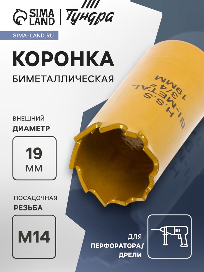 Коронка биметаллическая ТУНДРА, 19 мм, M14 - Фото 1