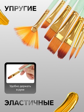 Набор кистей для рисования, синтетика, 7 штук: № 3/0, 2, 4, 6, 8, 10, 12, круглые, плоские, в блистере, международный размер, МИКС