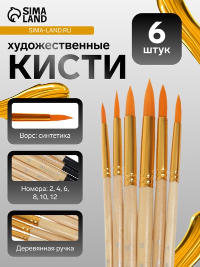 Набор кистей для рисования, синтетика, 6 штук: № 2, 4, 6, 8, 10, 12, круглые, деревянная ручка, международный размер