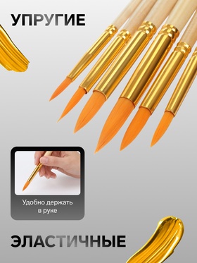 Набор кистей синтетика, 6 штук (№2.4,6.8,10.12), круглые, в блистере, с деревянными ручками (международный размер)