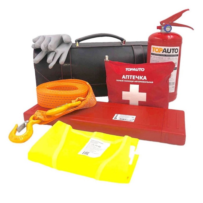 Набор автомобилиста EMERGENCY KIT 1 сумка из натуральной кожи, АптечкаОП-2, Жилет, Знак RT-211