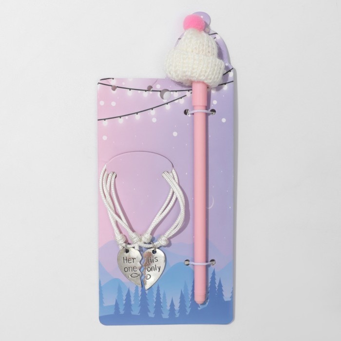 Набор 3 предмета: 2 браслета, ручка «Неразлучники» шапочка , цвет белый с серебром, 6см - Фото 1