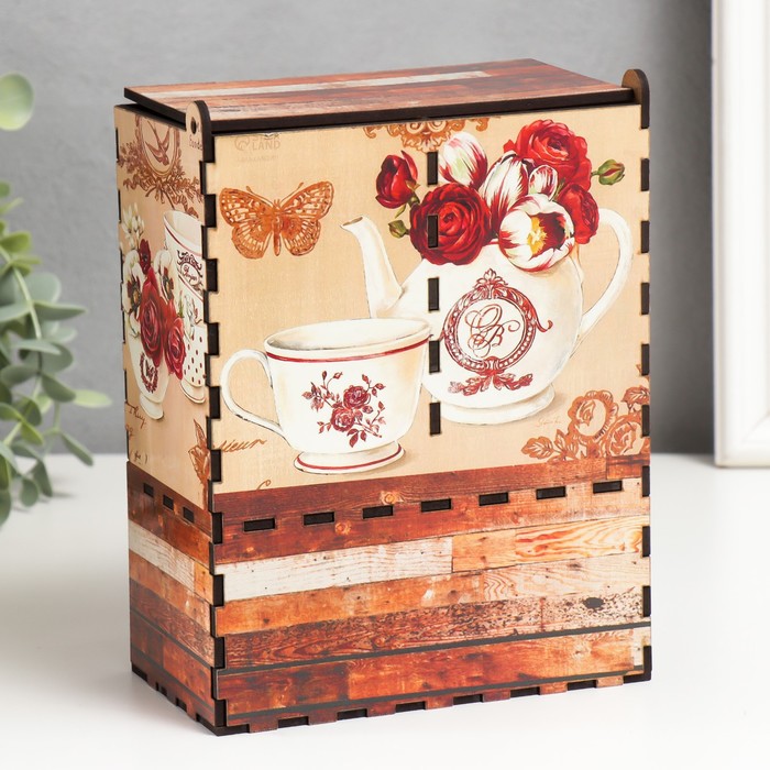 Чайный домик двойной с ящиком "Цветы" 20х8,7х15,2 см - фото 1876491572