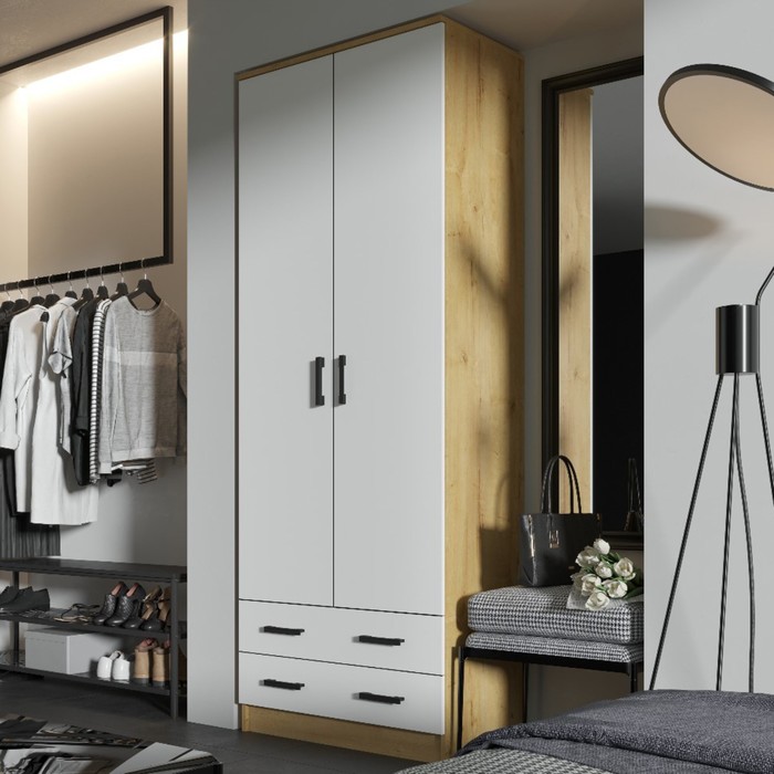 Шкаф двухстворчатый прямой «Дуэт», 2 ящика, 800×480×2200 мм, цвет дуб вотан/белый - Фото 1