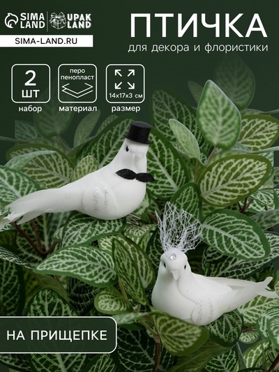 Набор птичек для декора и флористики, на прищепке, пластиковая, белый, 2 шт., 13×3×3 см