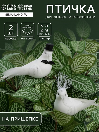 Набор птичек для декора и флористики, на прищепке, пластиковая, белый, 2 шт., 13×3×3 см