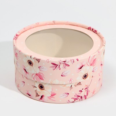 Коробка для макарун, кондитерская упаковка тубус с окном, «Розовые цветы» 12 х 12 х 5 см