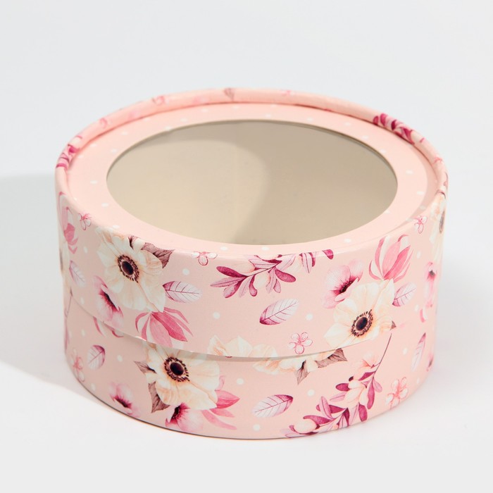 Коробка-тубус с окном, кондитерская подарочная упаковка, «Розовые цветы» 12 х 12 х 5 см