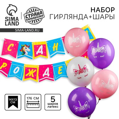 Гирлянда бумажная «С днем рождения», воздушные шары, набор 5 штук